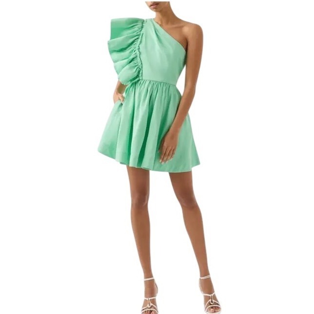Aje Marine Green Bonjour Asymmetric Shoulder-Frill‎ Mini Dress
